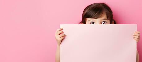 curioso ragazzo con vuoto rosa carta per pubblicità foto