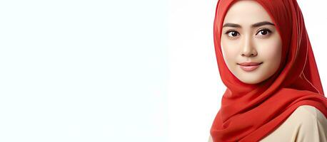 un' giovane donna vestito nel hijab e rosso superiore sguardi a un idea su bianca sfondo Indonesia S indipendenza giorno foto