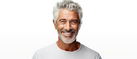sorridente più vecchio uomo con grigio capelli isolato su bianca sfondo foto