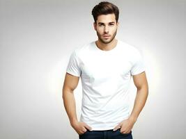 giovane uomo indossare vuoto bianca maglietta modello, design maglietta modello, Stampa presentazione modello. ai generato foto