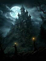 spaventoso Halloween sfondo con un' castello su un' collina contro un' illuminato dalla luna cielo foto