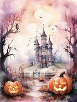 acquerello pittura di un' Halloween paesaggio con castello e Jack o lanterne foto