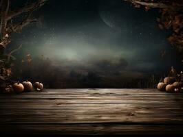 Halloween sfondo con zucche su un' di legno tavolo guardare su per un' buio nebbioso paesaggio foto