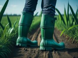 agricoltori piedi nel gomma da cancellare stivali, ai generato foto