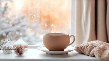 tazza di caffè su il tavolo ai generato foto