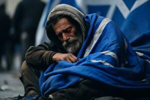 senza casa uomo dorme su il marciapiede nel il Grecia nascondiglio dietro a il greco bandiera foto