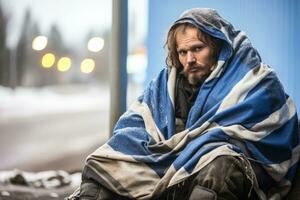 senza casa uomo dorme su il marciapiede nel il Finlandia nascondiglio dietro a il finlandese bandiera foto
