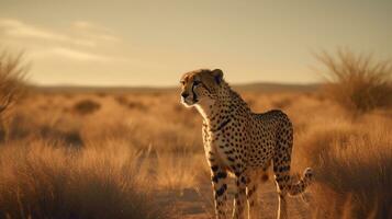 ghepardo su il sfondo di il africano savana, caldo giorno, animali di Africa. ai generativo foto