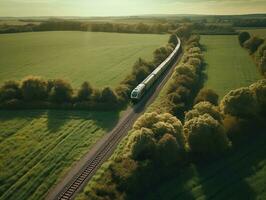 un aereo Visualizza di un' treno passaggio attraverso un' lussureggiante campagna generativo ai foto