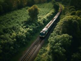 un aereo Visualizza di un' treno passaggio attraverso un' lussureggiante campagna generativo ai foto