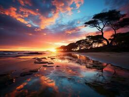 un' vivace tramonto al di sopra di un' tranquillo spiaggia, dove un' solitario figura passeggiate lungo il litorale generativo ai foto