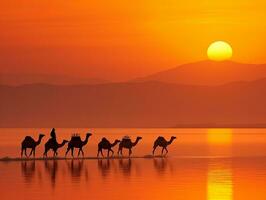 cammelli silhouette su il sale lago a Alba generativo ai foto