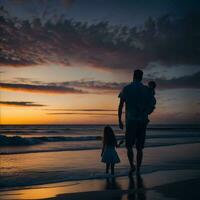 padri e figlia fare insieme giocando nel il spiaggia a tramonto foto