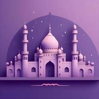 eid mubarak sfondo nel viola colore con moschea illustrazione per eid mubarak saluto sfondo. ai generato foto