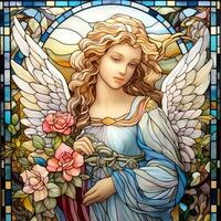 macchiato bicchiere vergine Maria con angelico figura e floreale vibrazioni ai generato foto