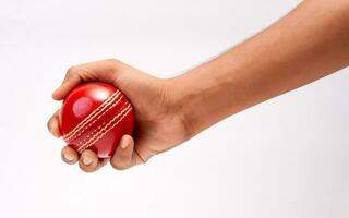 un' maschio mano Tenere un' rosso pelle cricket palla isolato su bianca sfondo foto