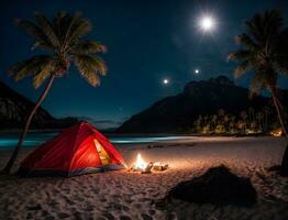 ai generativo campeggio scena con tenda su sabbioso spiaggia a notte sotto palma alberi foto