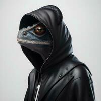 ritratto di futuristico lucertola nel nero felpa con cappuccio giacca su bianca sfondo, nft stile design foto