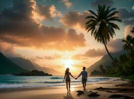 ai generativo scena con uomo e donna, coppia nel amore Tenere mani a tramonto su il spiaggia foto