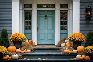 davanti porta con autunno arredamento, zucche e autunnale decorazioni foto