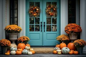 davanti porta con autunno arredamento, zucche e autunnale decorazioni foto