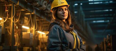 un' donna indossare difficile cappello e protettivo giacca sta nel il elettrico fili di un' energia stazione Lavorando foto