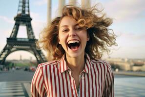 bellissimo giovane donna godendo tempo nel davanti di eiffel Torre foto