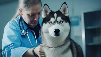 un' veterinario nel un' clinica guardare a un' cane foto