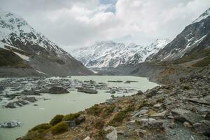 il bellissimo paesaggio di prostituta lago e prostituta ghiacciaio nel aoraki montare cucinare il massimo montagne nel nuovo zelanda. foto