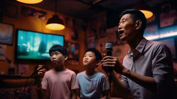 padre e figlio cantando nel un' karaoke camera. generativo ai foto