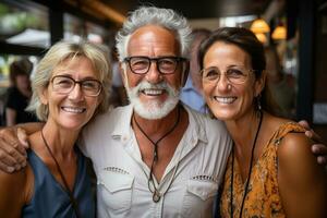 contento gruppo di anziano persone guardare a telecamera. generativo ai foto