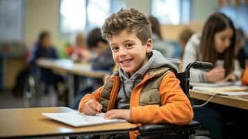 ragazzo nel sedia a rotelle studiando nel aula. generativo ai foto