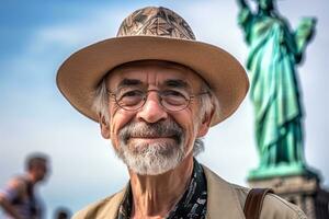 pensionato caucasico uomo in viaggio nel nuovo york. generativo ai foto