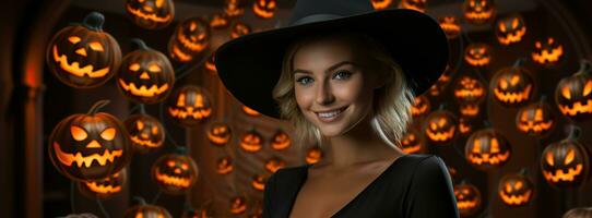 Halloween con sorridente donna striscione. generativo ai foto