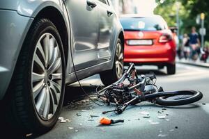 auto e bicicletta incidente a il intersezione, incidente assicurazione. generativo ai foto