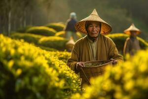Cinese contadino a tè piantagione. ai generato foto