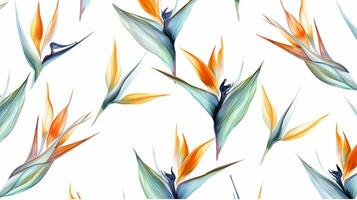 senza soluzione di continuità modello di uccello di Paradiso fiore nel acquerello stile isolato su bianca sfondo. uccello di Paradiso fiore struttura sfondo. generativo ai foto