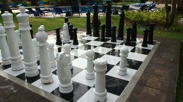 grande scacchi su gigante scacchiera nel parco fuori. foto