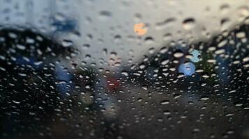 gocce di pioggia autunno su il vetro di finestra con il strada e luci nel il sfondo foto