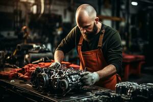 maschio meccanica mani Lavorando su un' auto motore con laboratorio sfondo foto