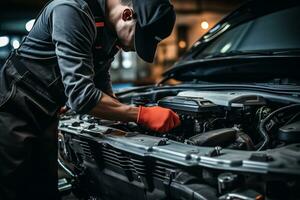 auto meccanica mani Lavorando su elettrico batteria riparazione e Manutenzione foto