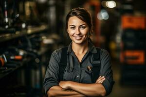 ritratto di un' fiducioso femmina meccanico con braccia attraversato nel un auto riparazione negozio foto