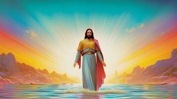 Gesù Cristo a piedi su acqua a il mare. con colori di arcobaleno. foto