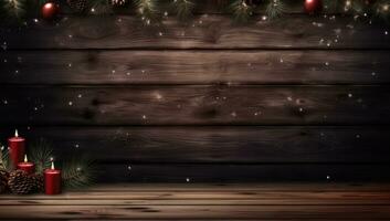 un' di legno sfondo con Natale luci e arredamento foto