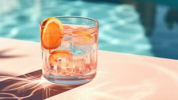 arancia bevanda nel un' bicchiere accanto piscina foto