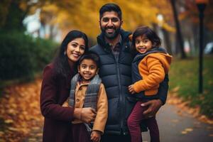 indiano un' famiglia Tenere bambini nel loro braccia nel un' parco foto