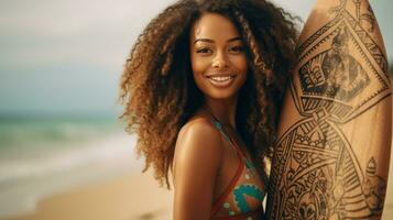 bellissimo surfer ragazza su il spiaggia foto