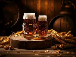 birra bicchieri con birra barile su tavolo generativo ai foto