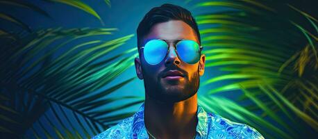 fricchettone uomo con bicchieri in posa nel davanti di blu sfondo e neon luci in mostra moda e elegante tendenze foto