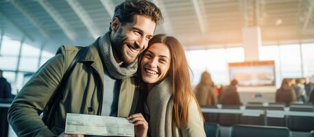 sorridente coppia con passaporti pronto per vacanza in piedi vicino viaggio offrire foto